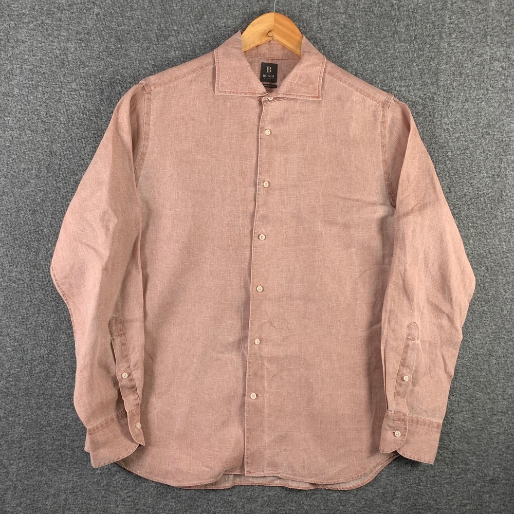 Boggi Milano Linen Shirt Men Large Button Up Coastal Spread Collar Old Money
